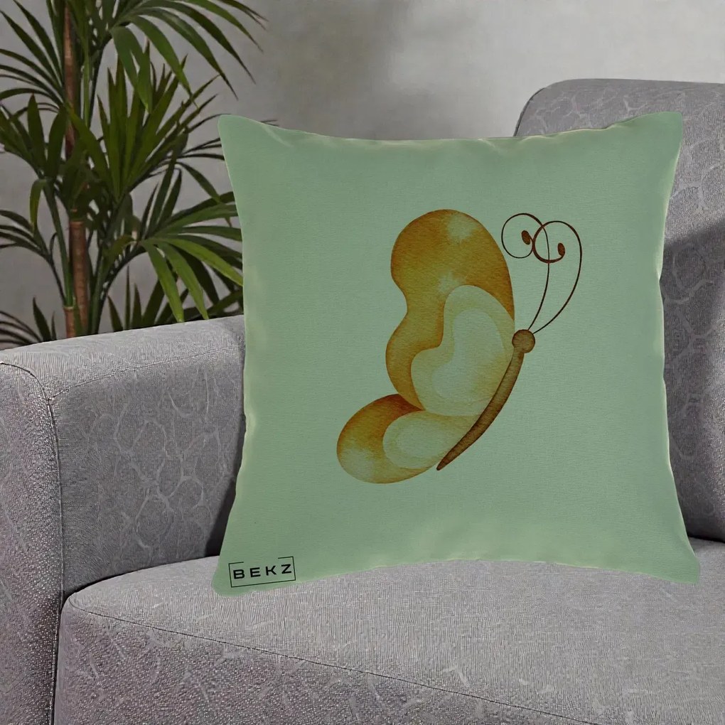Perna Decorativa Fluture Acuarela Auriu, 40x40 cm, Verde, Husa Detasabila, Perna Inclusa, BEKZ®