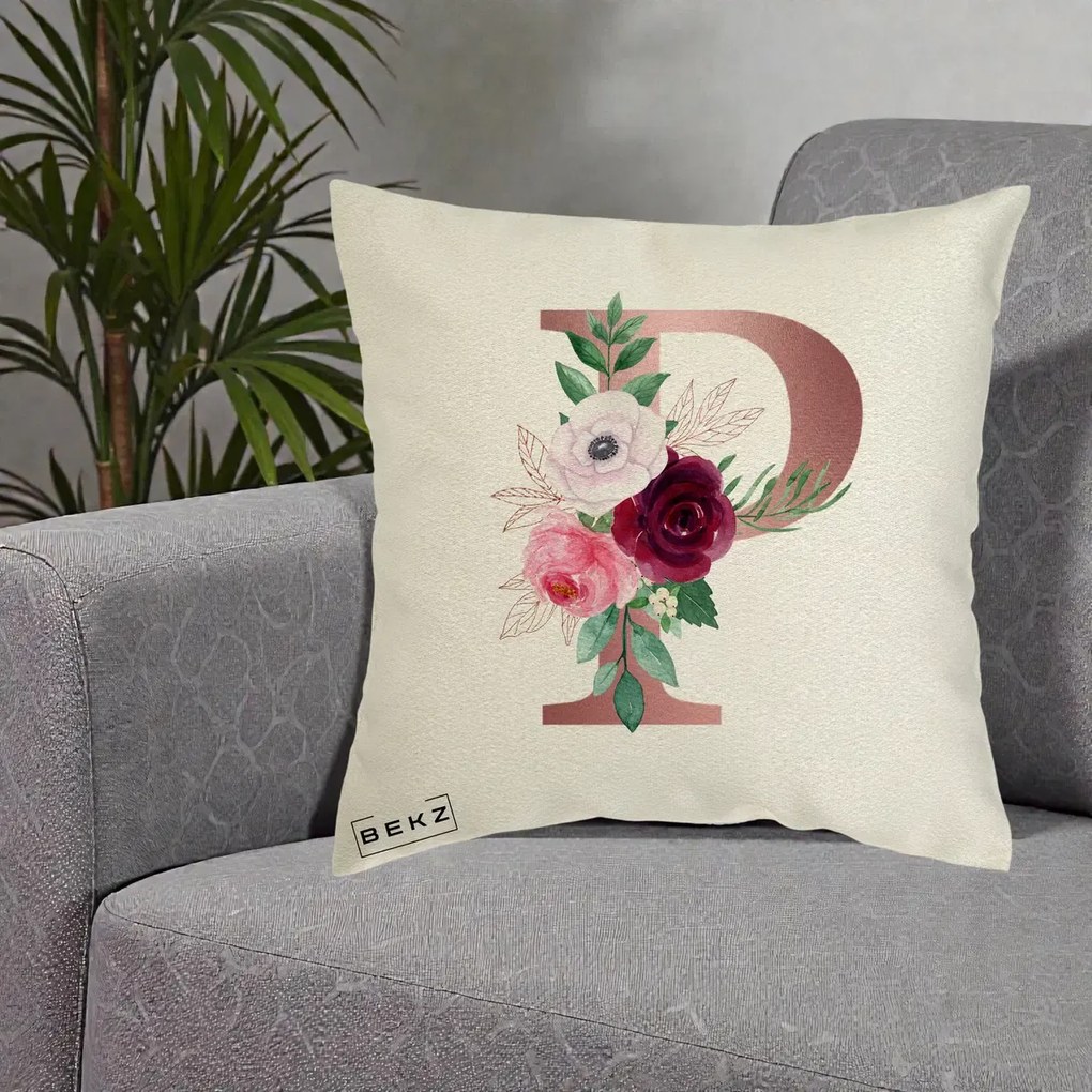 Cadou Personalizat - Perna Personalizata Monograma Rose Gold Litera P, 40x40 cm, Ecru, Husa Detasabila, Perna Inclusa, BEKZ®