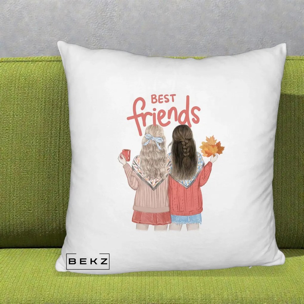Cadou pentru Prieteni - Perna Personalizata Best Friends Toamna, 40x40 cm, Alb Pufos, Husa Detasabila, Perna Inclusa, BEKZ®