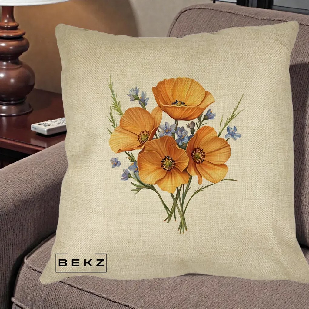 Perna Decorativa Maci Portocalii cu Floricele Albastre, 40x40 cm, Crem, Husa Detasabila, Perna Inclusa, BEKZ®