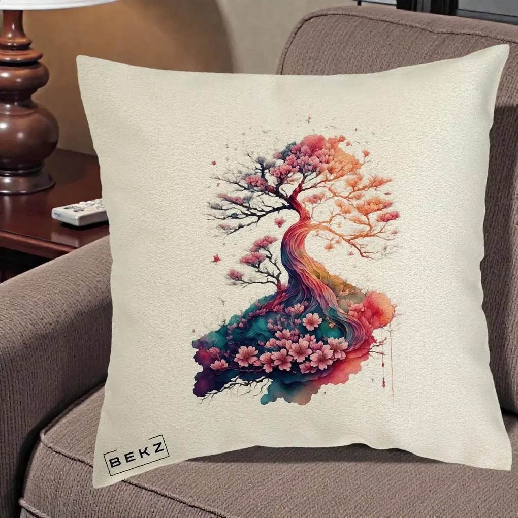 Perna Decorativa Copac Sakura Acuarela Fantasy, 40x40 cm, Ecru, Husa Detasabila, Perna Inclusa, BEKZ®