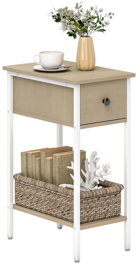 HOMCOM Masă Auxiliară Îngustă cu Sertar Raft Deschis și Structură Metalică pentru Sufragerie Dormitor 25x39,8x58,2 cm Lemn Natural | Aosom Romania