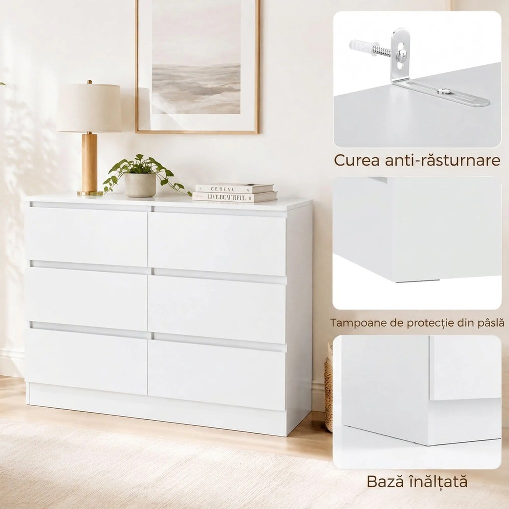 HOMCOM Comodă cu Sertare 6 Sertare Modernă cu Mânere Integrate Ascunse, Economisire Spațiu, PAL, 100x35x69 cm, Alb | Aosom Romania