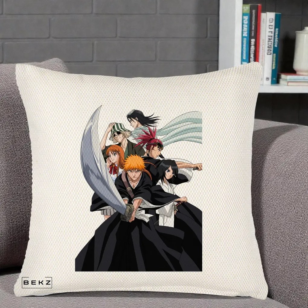 Perna Personalizata Bleach Grup Complet Ichigo si Prietenii, 40x40 cm, Crem Reliefat, Husa Detasabila, Perna Inclusa, BEKZ®