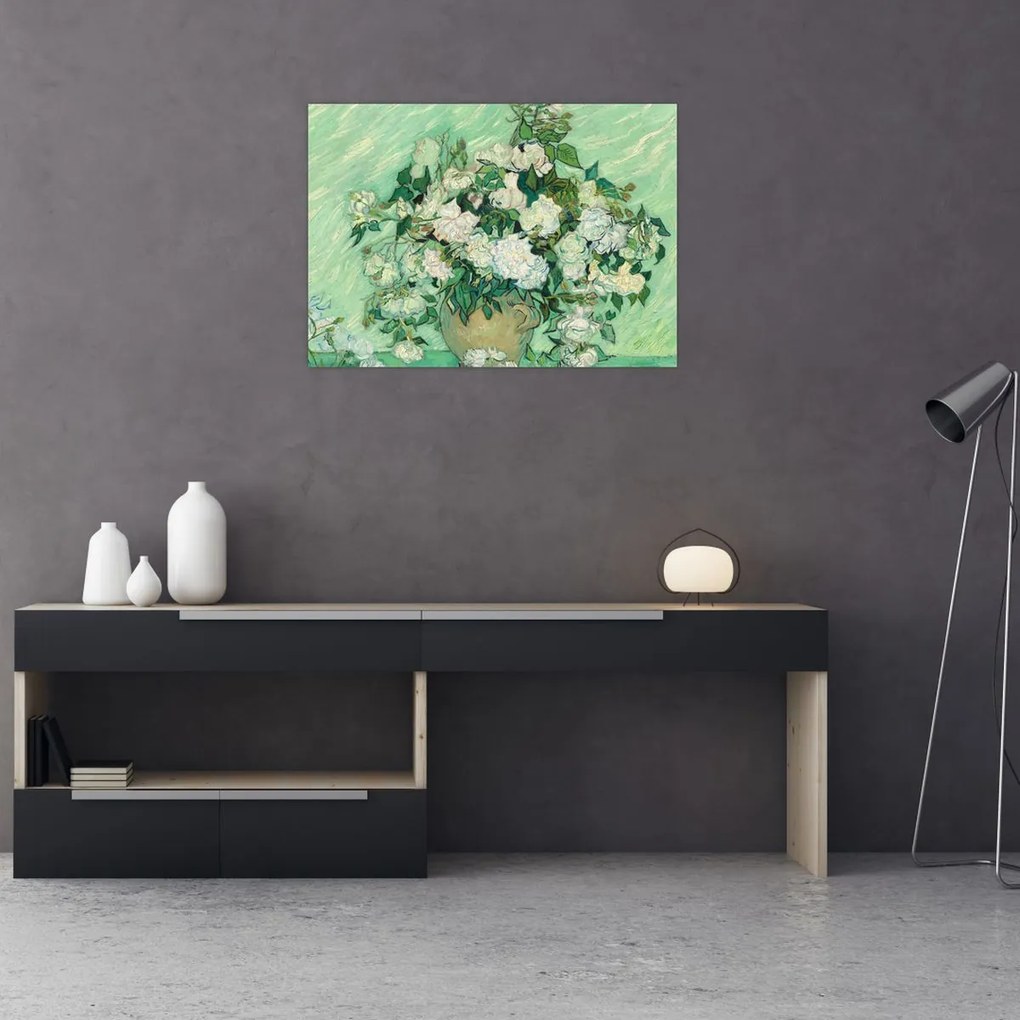 Tablou pe sticlă - Vincent van Gogh, Roses, reproducere (70x50 cm)