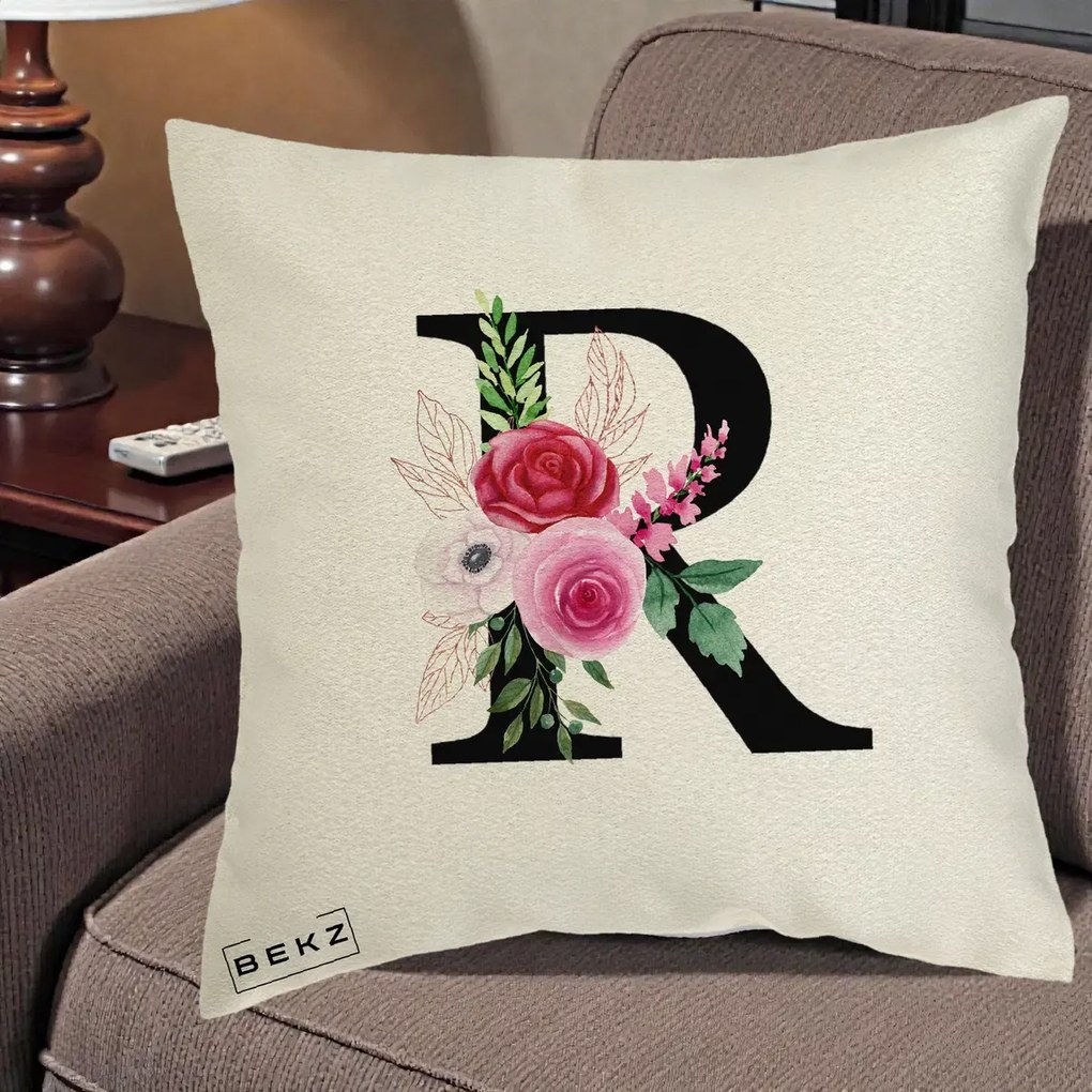 Cadou Personalizat - Perna Personalizata Monograma Florala Litera R, 40x40 cm, Ecru, Husa Detasabila, Perna Inclusa, BEKZ®