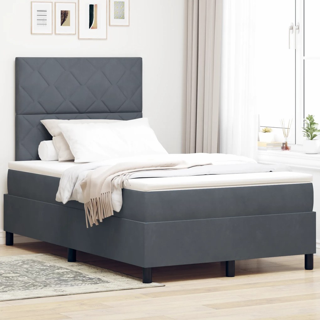 vidaXL Pat box spring cu saltea &amp; LED, gri închis, 120x190 cm catifea