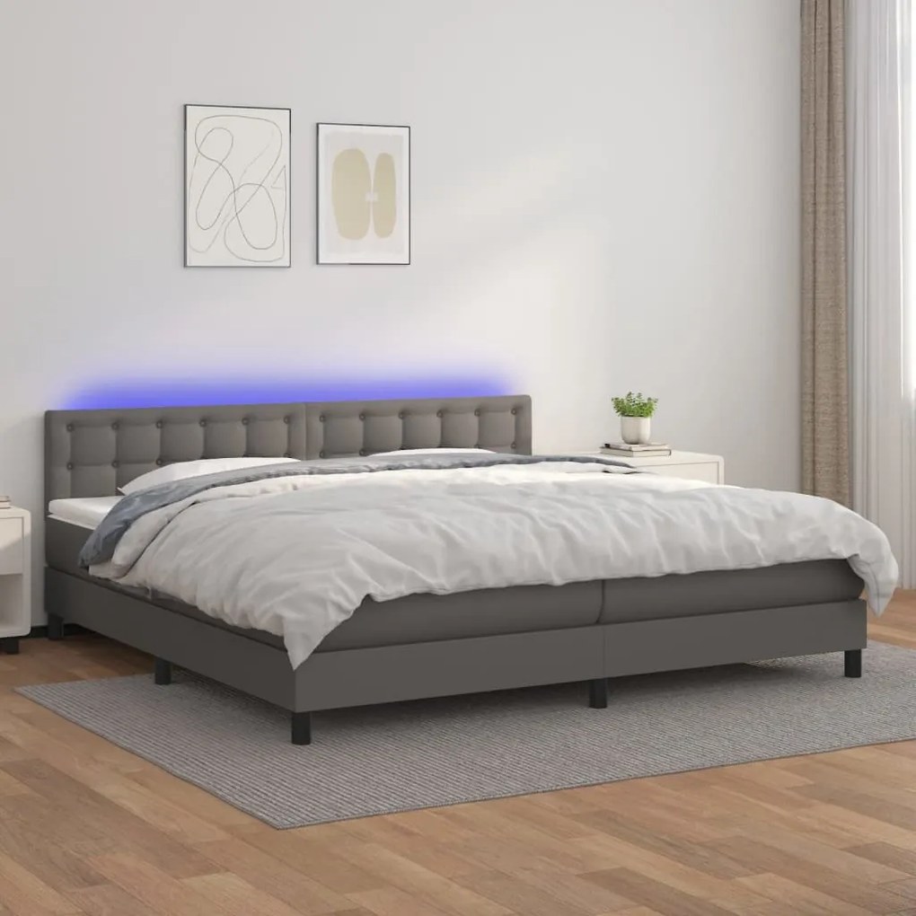 vidaXL Pat cu arcuri, saltea și LED, gri, 200x200 cm, piele ecologică