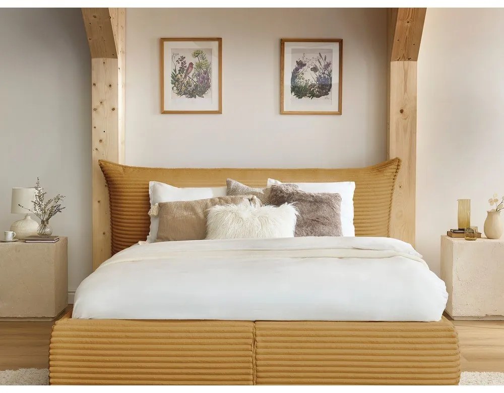 Pat matrimonial galben tapițat cu spațiu de depozitare cu somieră 160x200 cm Jade – Bobochic Paris