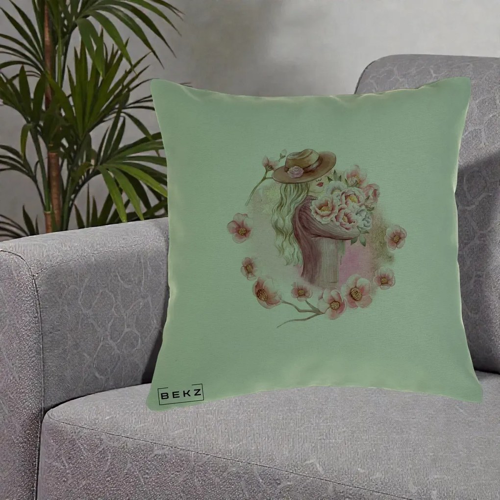 Perna Decorativa Femeie cu Flori Roz Acuarela, 40x40 cm, Verde, Husa Detasabila, Perna Inclusa, BEKZ®