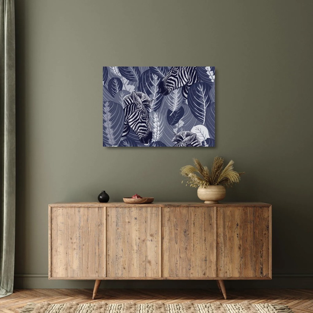 Tablou pe sticlă - Zebre între frunze (70x50 cm)
