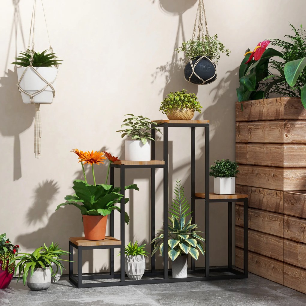 Outsunny Raft de plante, etajeră de flori din metal și lemn cu 4 nivele de înălțimi diferite în stil industrial 80 x 20 x 74 cm | Aosom Romania