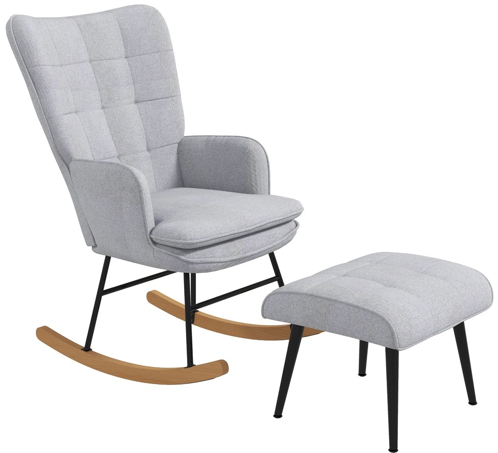 HOMCOM Fotoliu cu leagăn și otomană în design scandinav Fotoliu cu taburet, Lemn de fag, Captuseală, 64 cm x 89 cm x 90 cm Gri | Aosom Romania