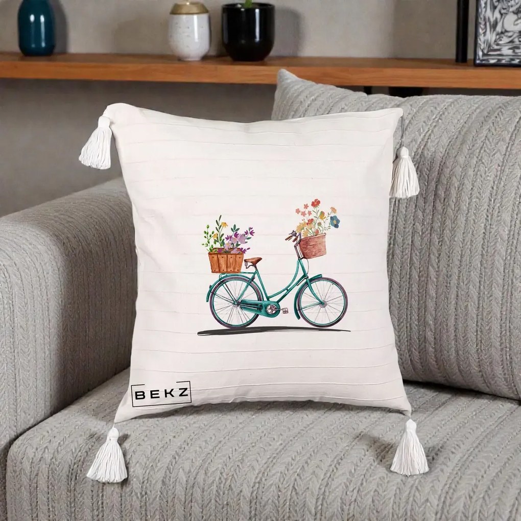 Perna Decorativa Bicicleta Florala Turcoaz Acuarela, 40x40 cm, Bej cu Franjuri, Husa Detasabila, Perna Inclusa, BEKZ®