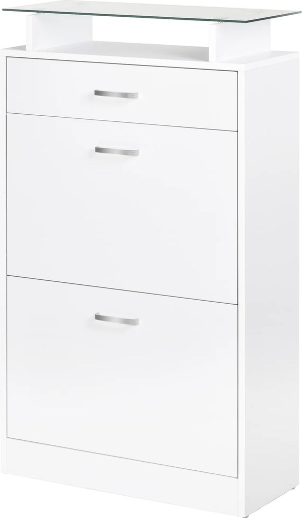 HOMCOM Dulap pentru Pantofi cu 2 Uși pe 2 Niveluri, Sertar și Raft din Sticlă, Dulap pentru Pantofi, 60x24x105,5 cm, Alb | Aosom Romania