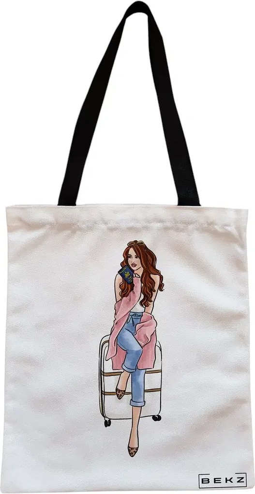 Sacosa de Panza pentru Cumparaturi, Geanta Tote, Travel Girl, Cu fermoar, 38x34.5 cm, Alba, BEKZ®