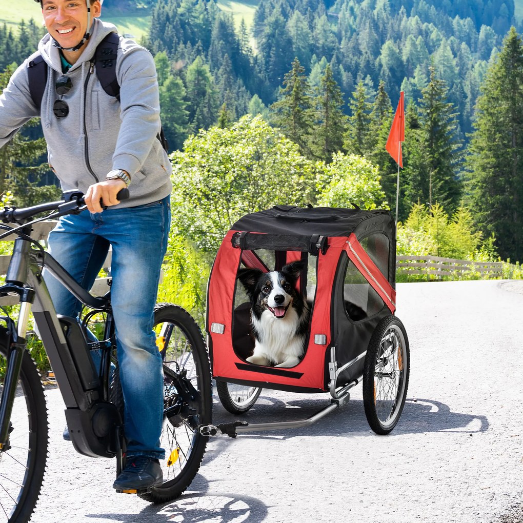 PawHut Remorcă bicicletă pentru câini, 8 reflectoare, drapel, bară tractare, oțel și poliester, 30 kg, 130x73x90 cm, roșu | Aosom Romania