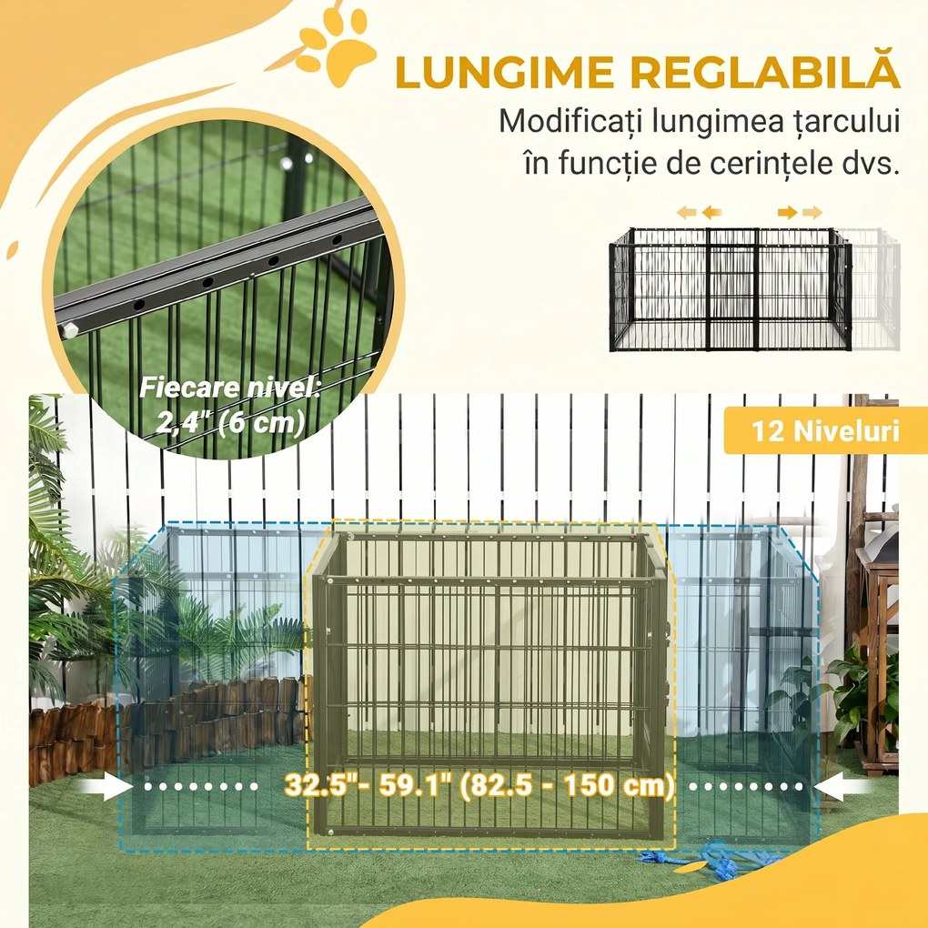 PawHut Tarc de Joacă pentru Animale, 6 Panouri din Oțel, Lungime Ajustabilă 82,5-150x61cm, Ideal pentru Interior/Exterior, Negru | Aosom Romania