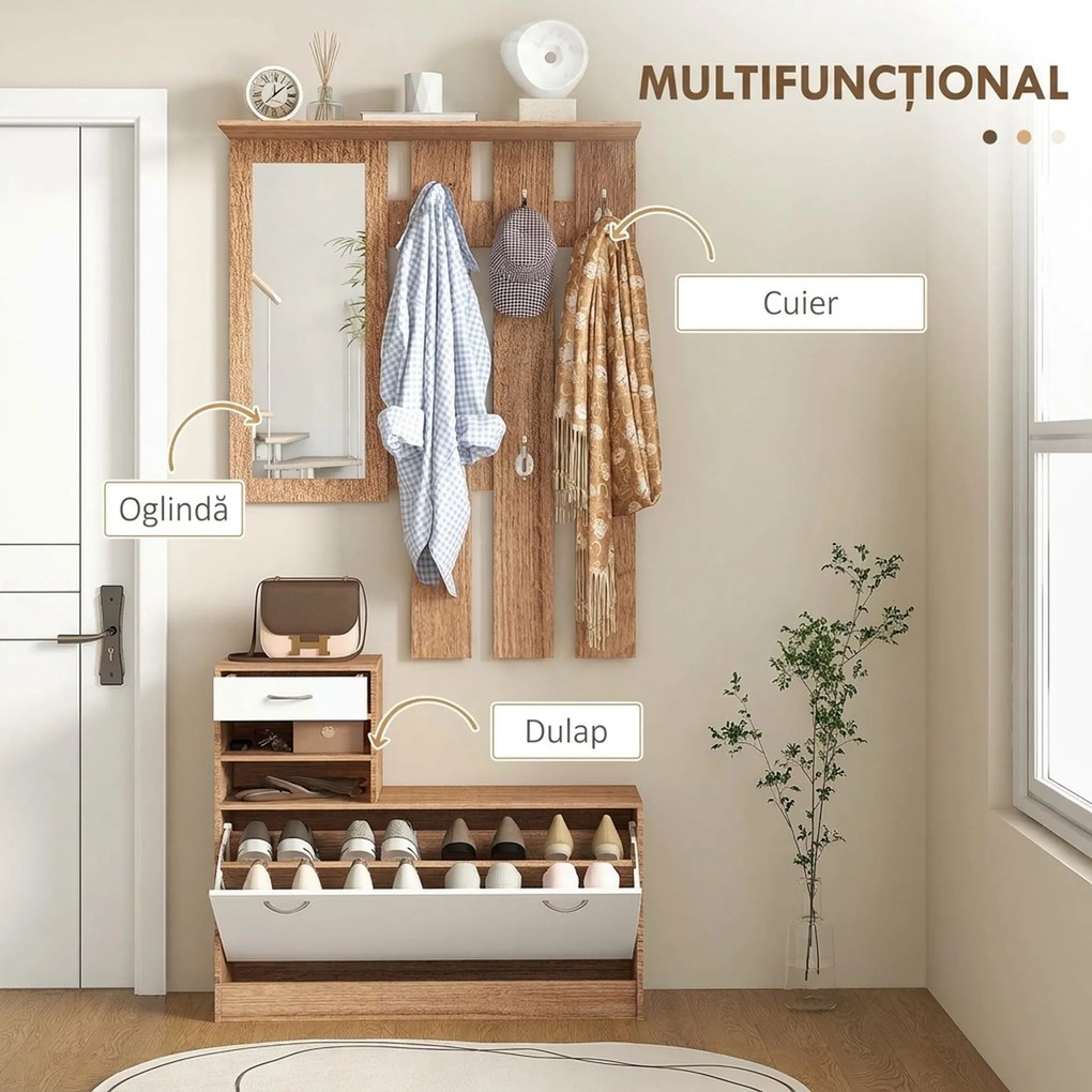 HOMCOM Set Mobilier Modern cu Etajeră pentru Pantofi, Oglindă cu 6 Cârlige, 2 Rafturi și Sertare, 90x24x177 cm, Lemn Natural | Aosom Romania