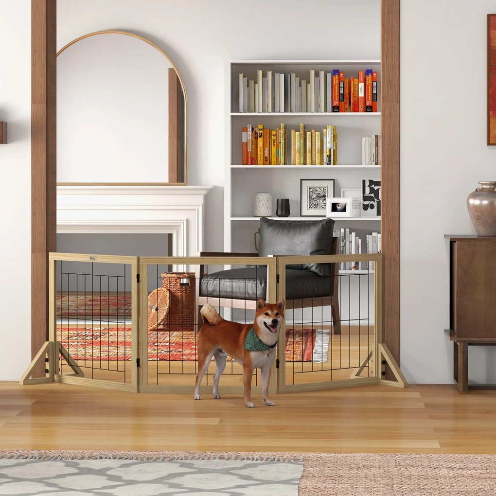 PawHut Gard pliabil pentru câini, gard de siguranță pentru animale de companie și căței cu 3 panouri și suporturi triunghiulare, 210x70 cm, lemn natural | Aosom Romania