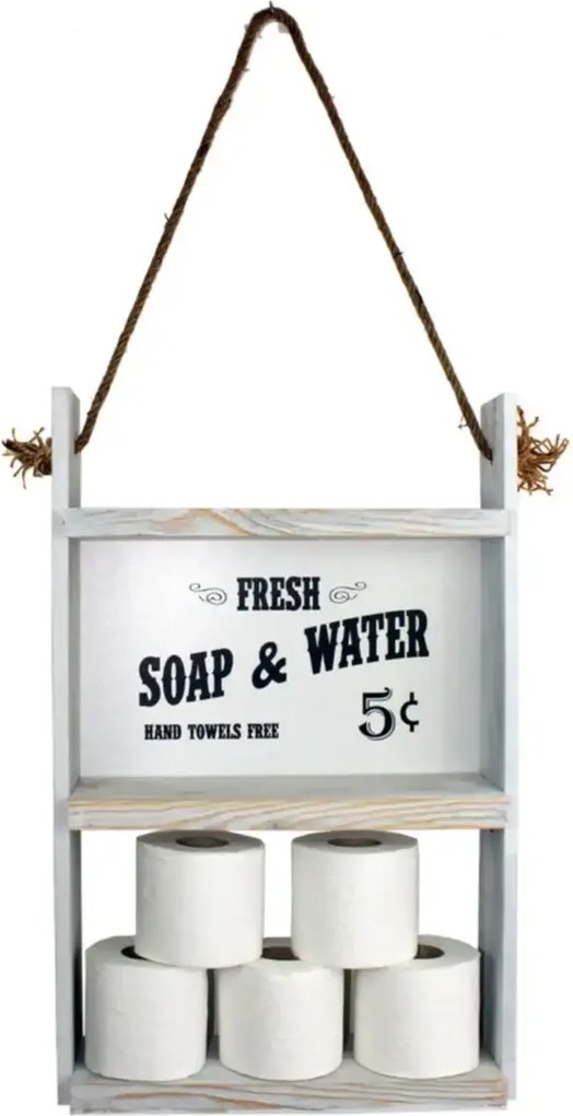 Resigilat:Raft din lemn cu sfoara Farmhouse Homs, 60 x 40 x 13 cm, alb antic