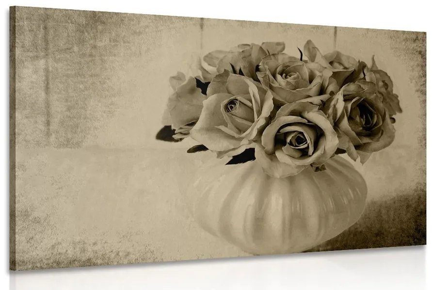 Tablou trandafiri în vază în design sepia