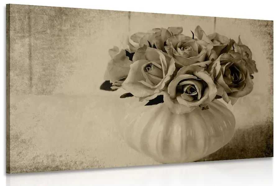 Tablou trandafiri în vază în design sepia