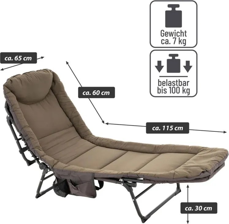 Sezlong de camping cu pernă, 175 x 65 cm, khaki