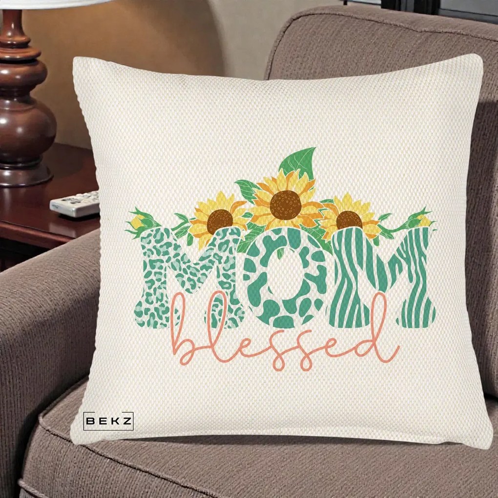 Cadou pentru Mama - Perna Personalizata Mom Blessed cu Floarea Soarelui Animal Print Teal, 40x40 cm, Crem Reliefat, Husa Detasabila, Perna Inclusa, BEKZ®