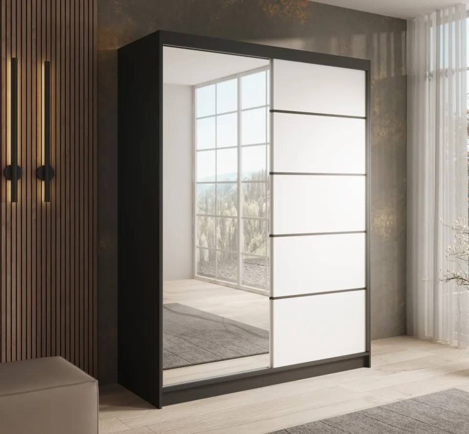 Dulap cu usi glisante, 150x58x200 cm, Cardi 150, ADRK Furniture (Culoare: Alb / Negru)