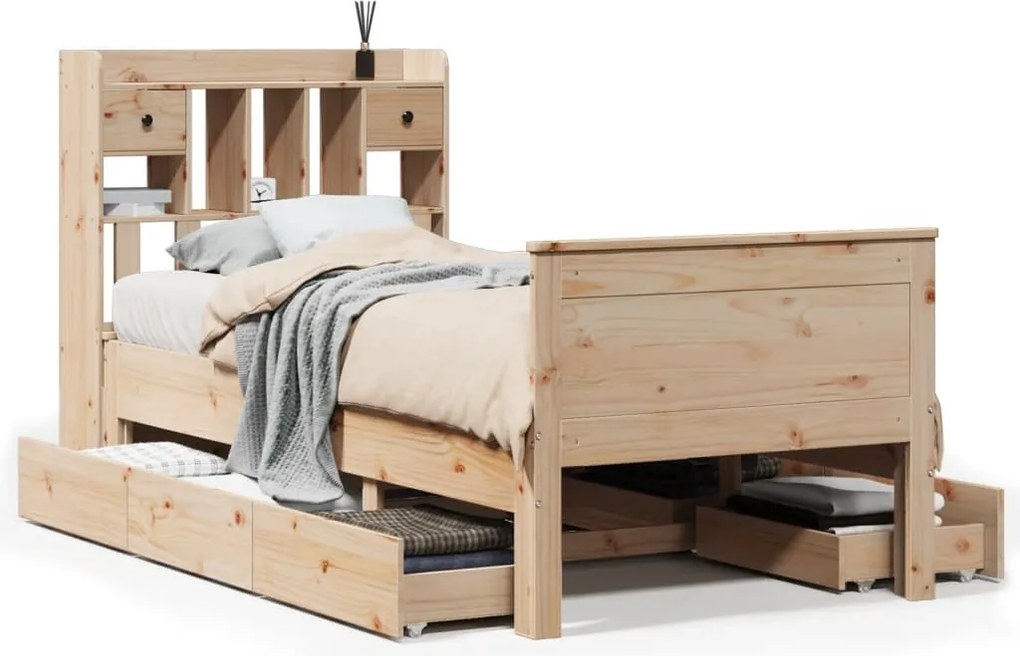 vidaXL Pat cu bibliotecă fără saltea, 90x200 cm, lemn masiv pin