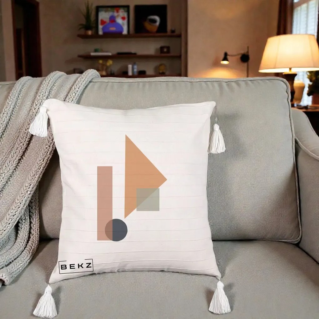 Perna Decorativa Geometric Bauhaus Triunghi, 40x40 cm, Bej cu Franjuri, Husa Detasabila, Perna Inclusa, BEKZ®