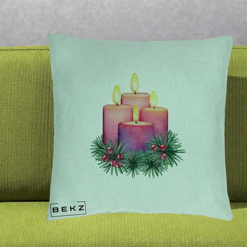 Perna Decorativa Lumanari Advent Roz-Violet, 40x40 cm, Verde Menta, Husa Detasabila, Perna Inclusa, BEKZ®