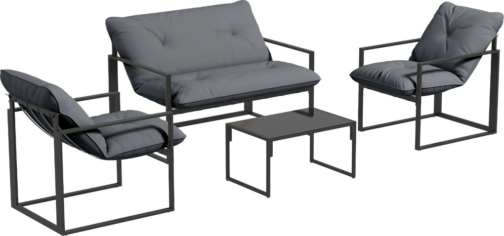 Outsunny Set Mobilier de Exterior cu Măsuță din Sticlă, Canapea, 2 Fotolii și Perne, Gri | Aosom Romania
