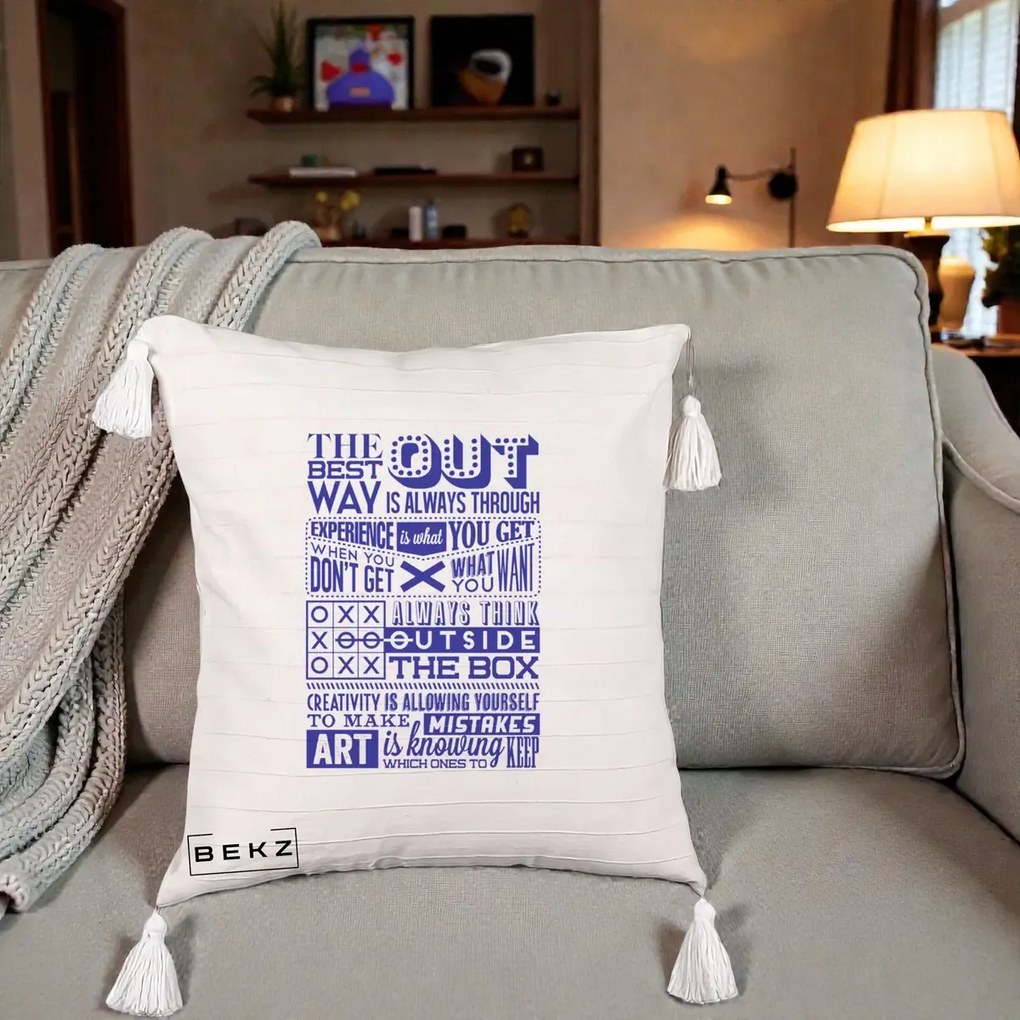 Perna Decorativa Citate Creativitate Albastru, 40x40 cm, Bej cu Franjuri, Husa Detasabila, Perna Inclusa, BEKZ®