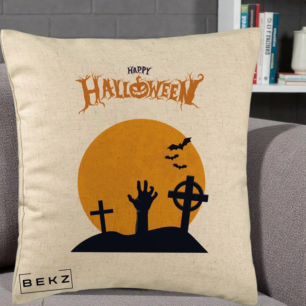 Perna Decorativa Happy Halloween Cimitir cu Luna, 40x40 cm, Bej, Husa Detasabila, Perna Inclusa, BEKZ®