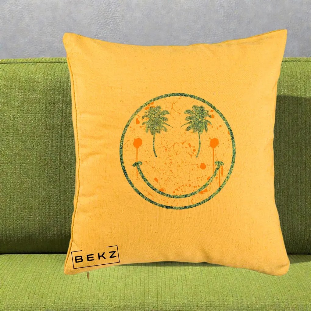 Perna Decorativa Smiley Face Tropical Albastru Glitter si Portocaliu, 40x40 cm, Galben, Husa Detasabila, Perna Inclusa, BEKZ®
