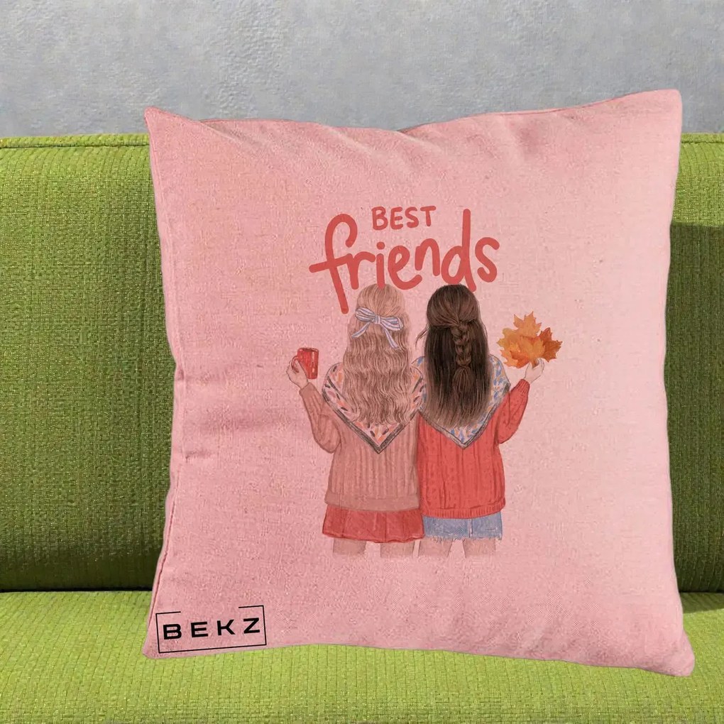 Cadou pentru Prieteni - Perna Personalizata Best Friends Toamna, 40x40 cm, Roz, Husa Detasabila, Perna Inclusa, BEKZ®