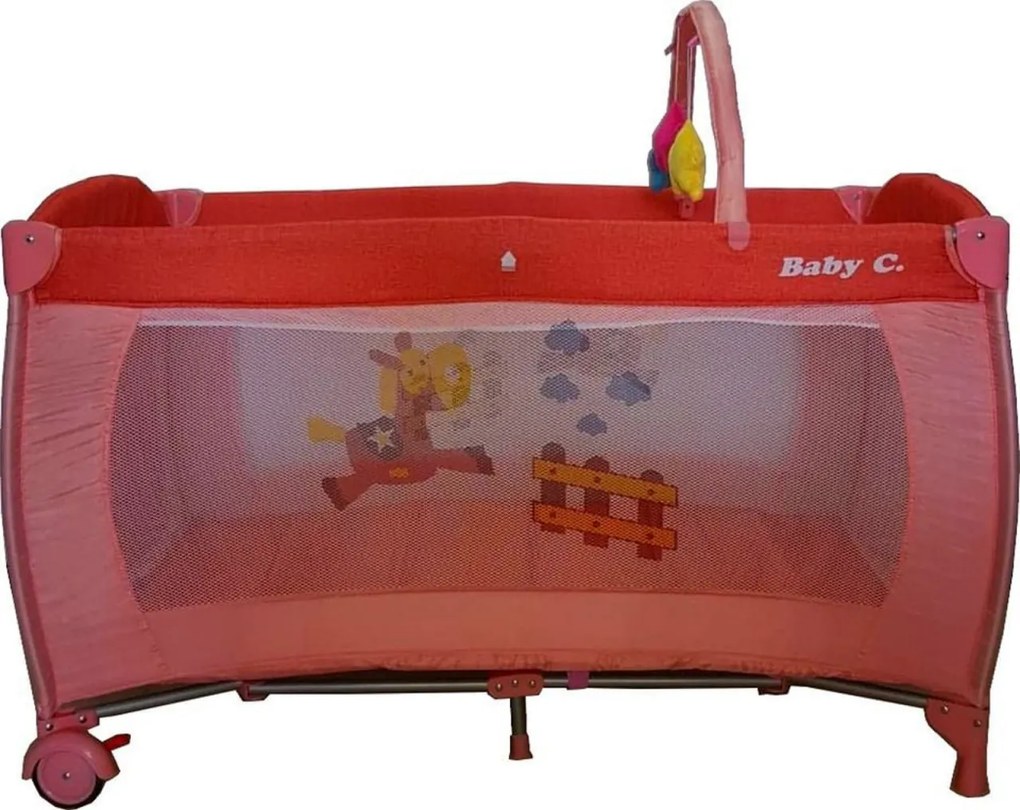 Patut Pliant NOVOKIDS™ Baby C, 120X60 cm, transforabil in Tarc Copii, 2 Niveluri, Masa infasat detasabila, jucarii din plus, geanta transport, Corai