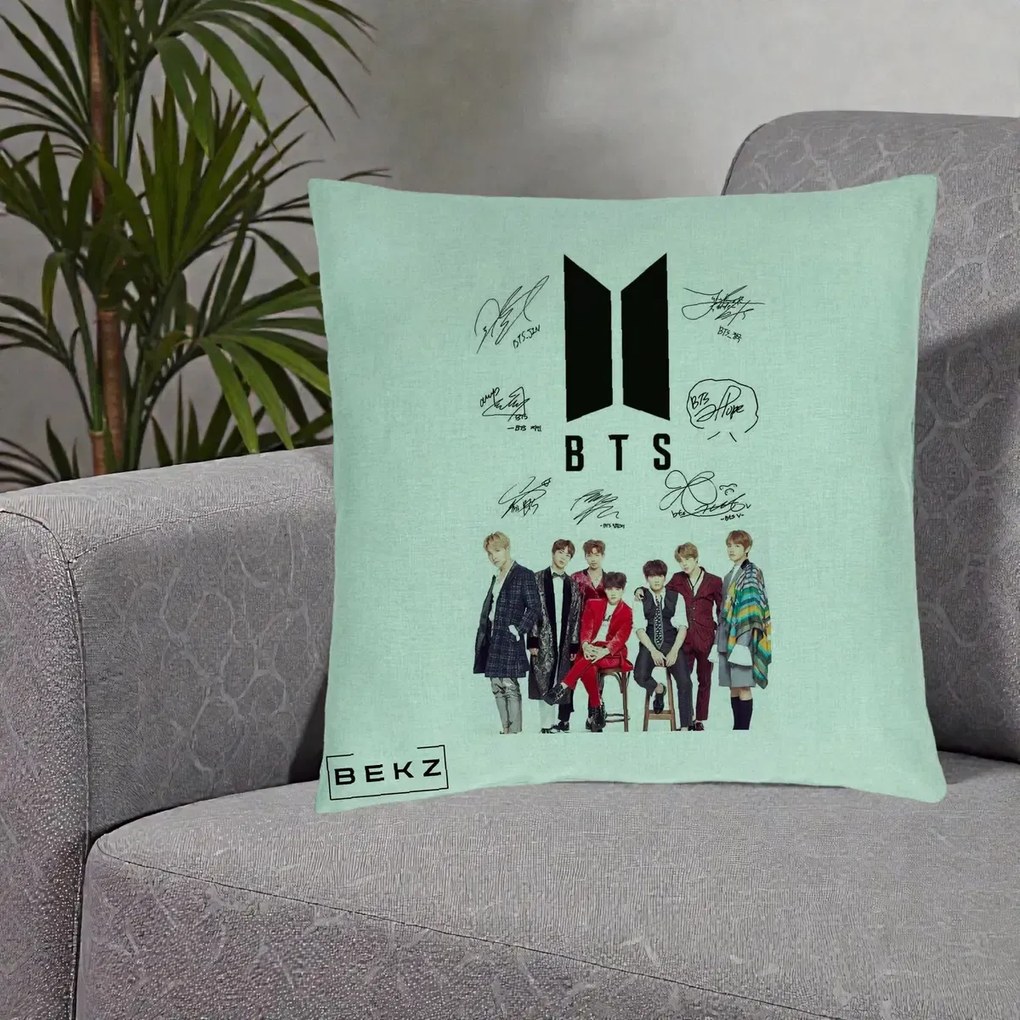 Perna Personalizata K-pop BTS Semnaturi Foto, 40x40 cm, Verde Menta, Husa Detasabila, Perna Inclusa, BEKZ®