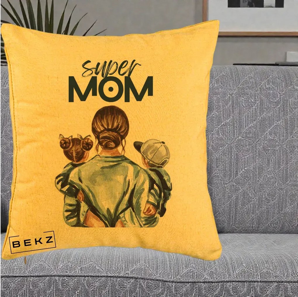 Cadou pentru Mama - Perna Personalizata Super Mom, 40x40 cm, Galben, Husa Detasabila, Perna Inclusa, BEKZ®