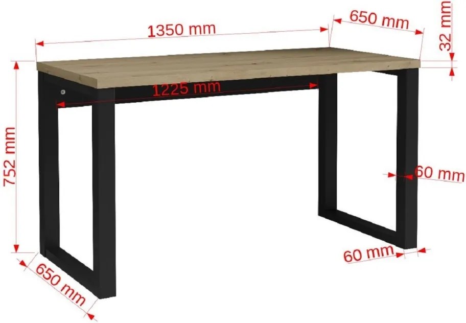 Birou MARO – 135x65x75.2 cm – Stejar Artisan / Negru