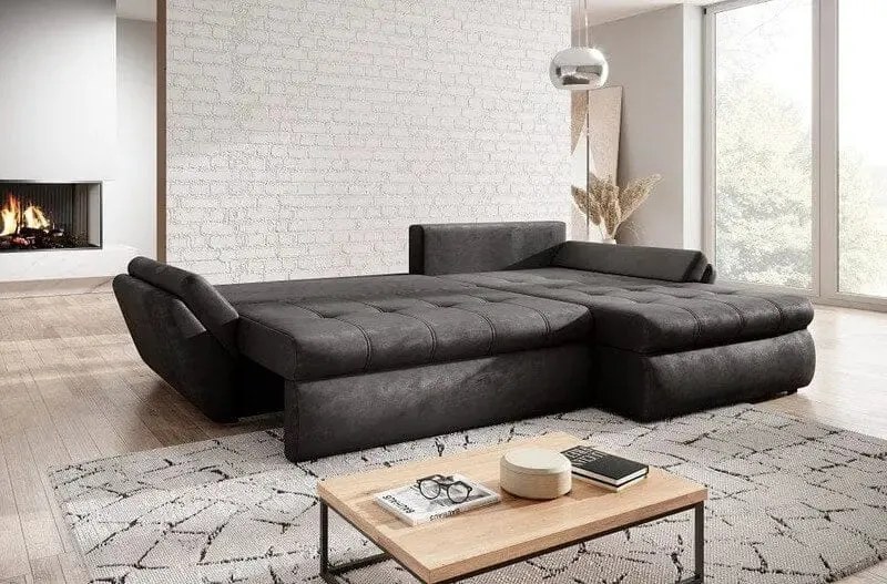 Colțar extensibil dumonde cu ladă de depozitare si sezut confortabil din spuma high-density, Loana Madagaskar Black II 270x185 cm