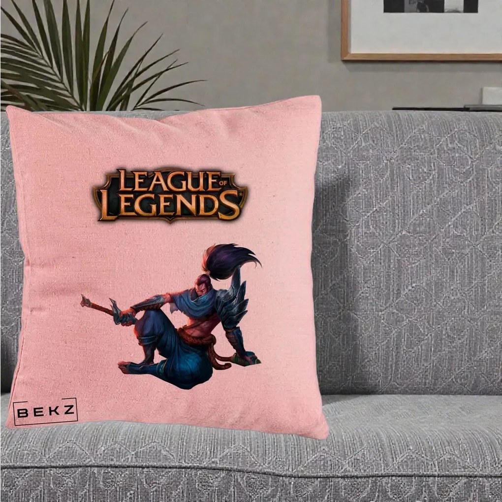 Perna Personalizata League of Legends Yasuo, 40x40 cm, Roz, Husa Detasabila, Perna Inclusa, BEKZ®