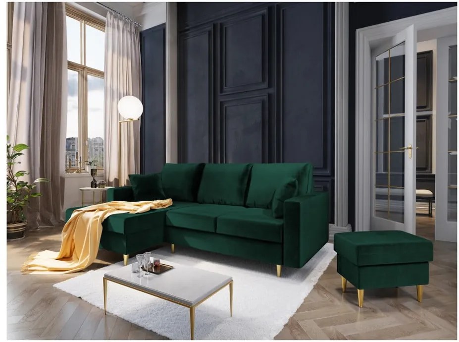 Canapea extensibilă cu spațiu de depozitare Mazzini Sofas Muguet, pe partea stângă, verde