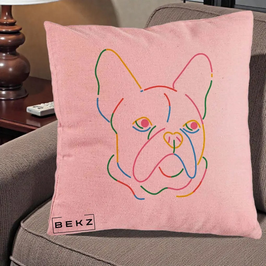 Perna Decorativa Bulldog Francez Line Art Curcubeu, 40x40 cm, Roz, Husa Detasabila, Perna Inclusa, BEKZ®