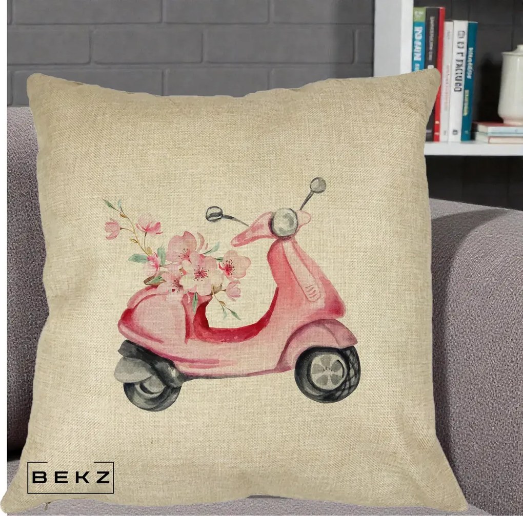 Perna Decorativa Scuter Roz cu Flori Acuarela, 40x40 cm, Crem, Husa Detasabila, Perna Inclusa, BEKZ®