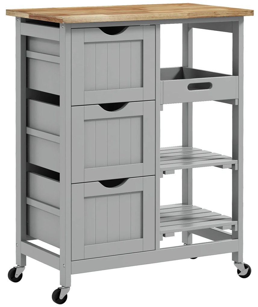 HOMCOM Carucior Auxiliar cu Roti Carucior de Bucatarie cu 3 Sertare 2 Rafturi Deschise si Tava Detasabila 67x37x85,5 cm Gri | Aosom Romania