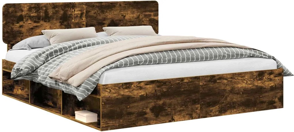 vidaXL Cadru de pat Stejar fumuriu 200 x 200 cm Lemn de pin masiv