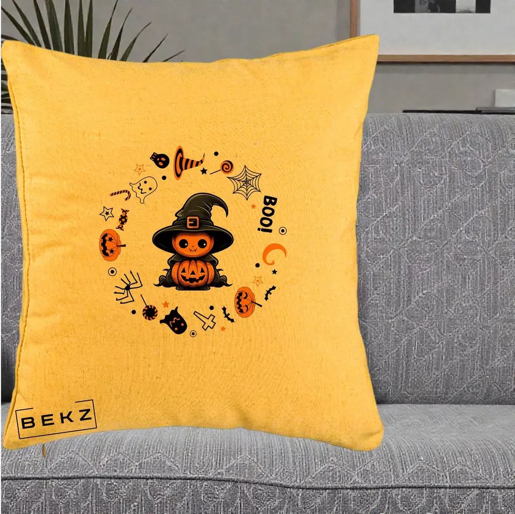 Perna Decorativa Halloween Dovleac Vrajitor Boo cu Simboluri, 40x40 cm, Galben, Husa Detasabila, Perna Inclusa, BEKZ®
